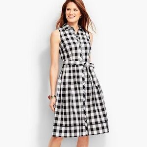 Talbots Black Check Sleeveless Shirt Dress with Sash Tie and Red Piping - Sz. 16